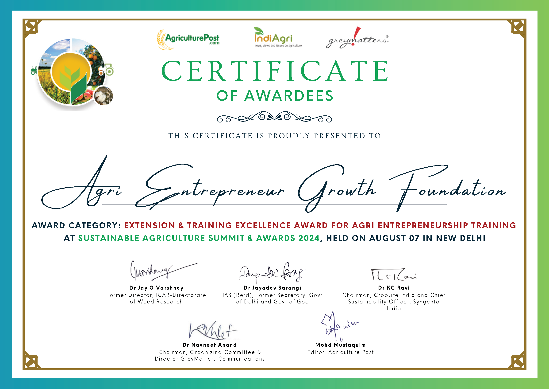 Agri Entrepreneur Growth Foundation ( Extension & Training Excellence Award)